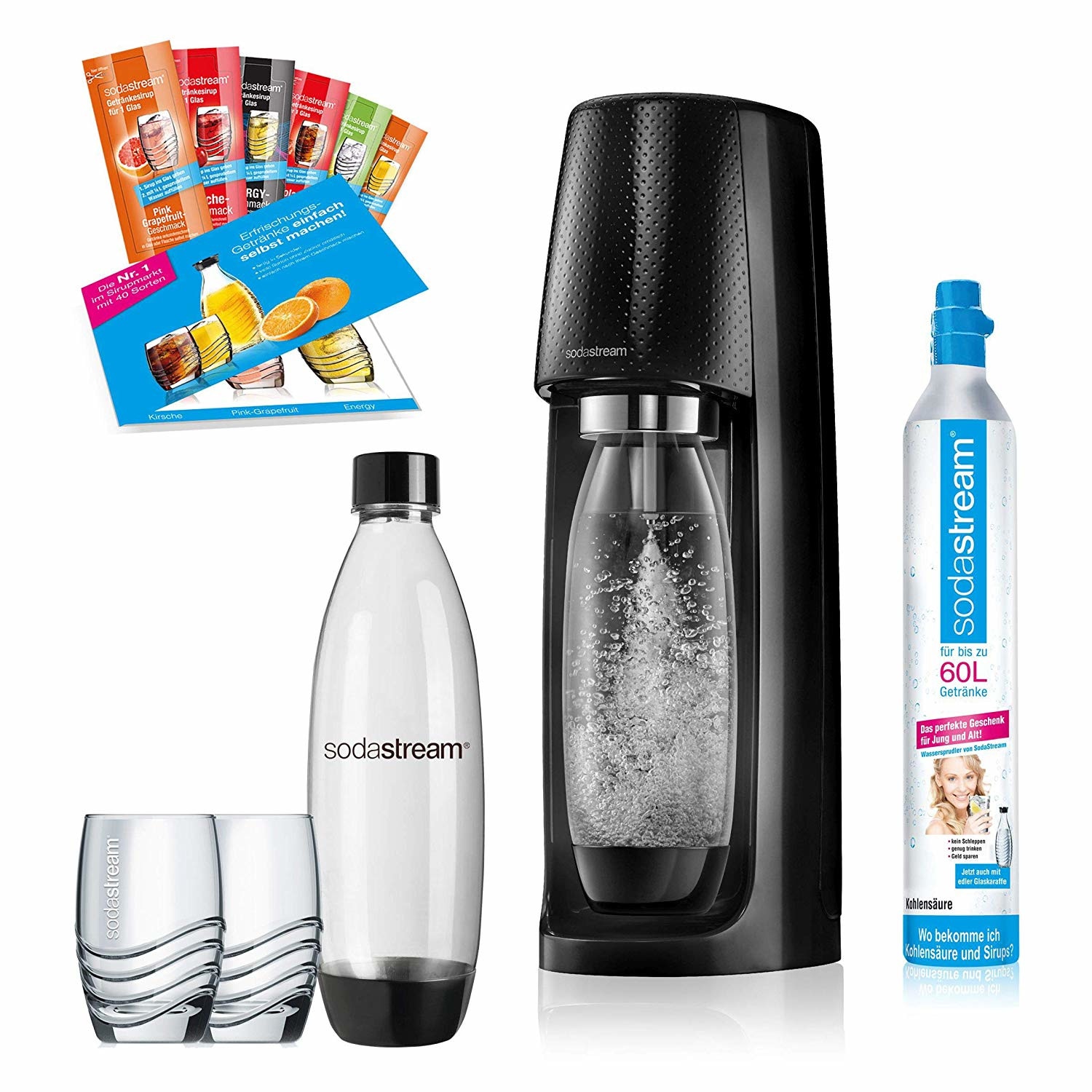 Set aparat pentru bauturi carbogazoase Sodastream Easy, negru, cartus CO2 , sticle 2x 1L incluse, 2 pahare design, 6 esente de sirop