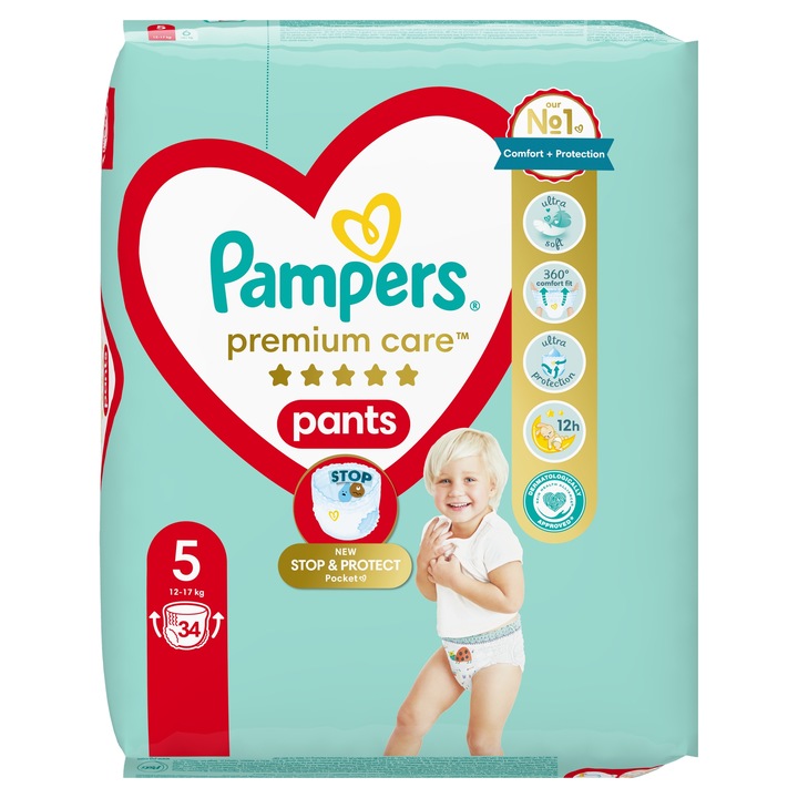 Scutece Pampers Premium Care Pants, Junior 5, 12-17 kg, Pachet Value, 34 buc