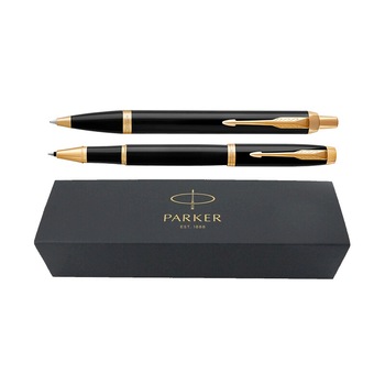 Set pix+roller Parker IM Royal negru cu accesorii aurii Set pix+roller Parker IM Royal negru cu accesorii aurii