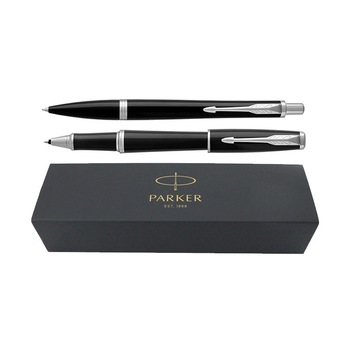 Set pix+roller Parker Urban Royal negru lucios cu accesorii cromate Set pix+roller Parker Urban Royal negru lucios cu accesorii cromate