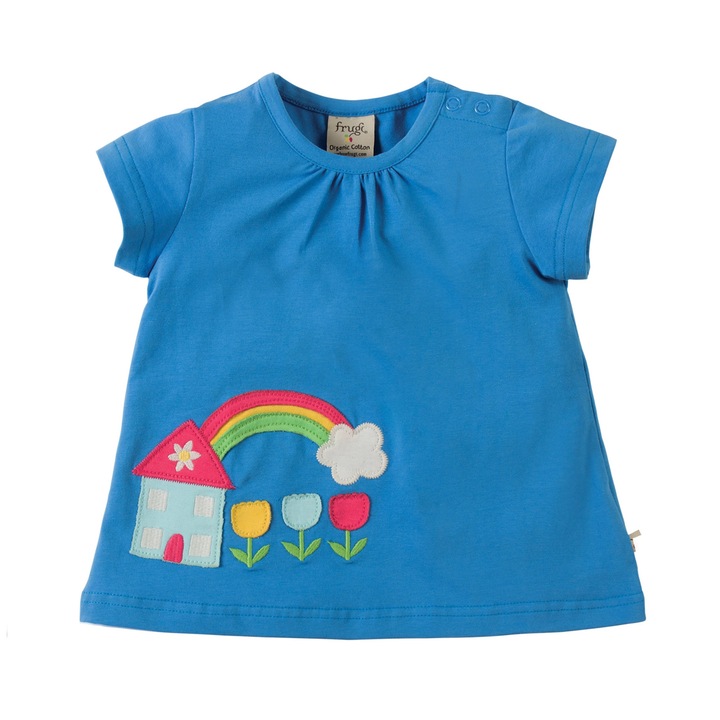 Bluza Amber „Casuta din poveste”, bumbac organic, albastru, fete 12-18 luni