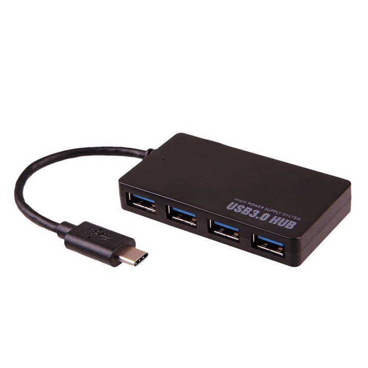 Хъб HOPE R, 1x USB Type-C, 4x USB 3.0 (женски), Собствено захранване, Съвместим с Thunderbolt, Черен
