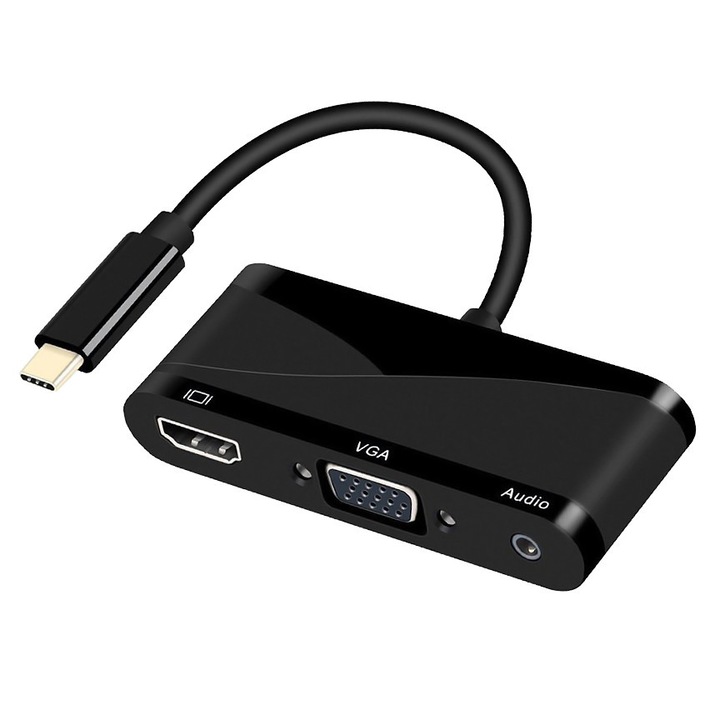 Hub HOPE R 3 in 1 USB 3.1 Type-C към HDMI 4K@60Hz, VGA и 3,5 мм аудио порт, Черен