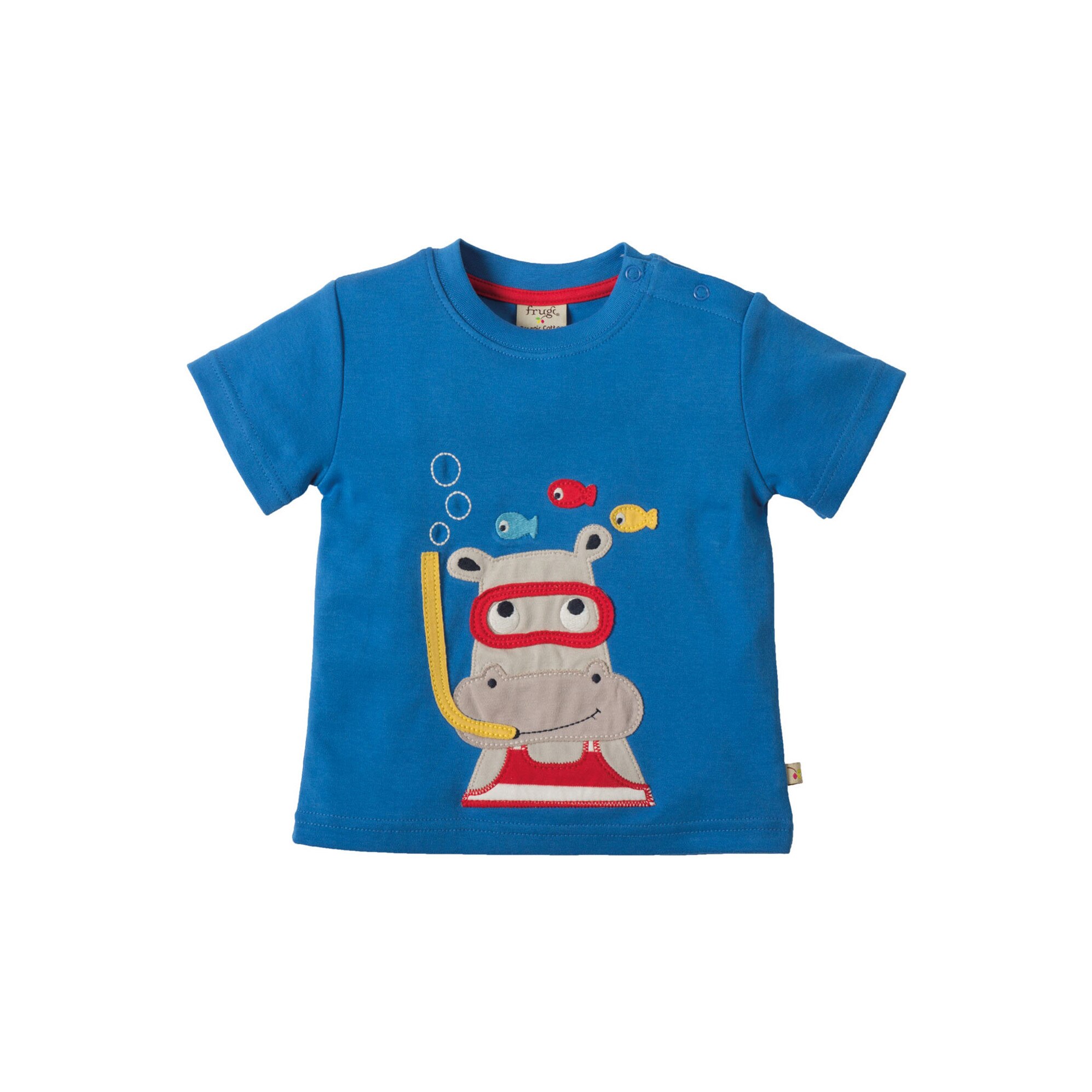 Tricou cu aplicatie hipopotam, bumbac organic, albastru, bebe