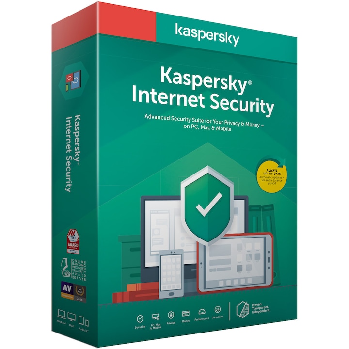 Kaspersky Internet Security antivírus, PC-re, Mac-re és mobileszközökre, 1 évig érvényes, 1 eszköz, új licenc