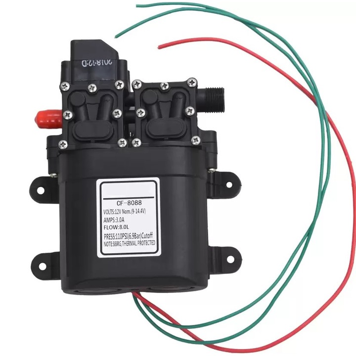 Pandora vízszivattyú nyomáskapcsolóval, önfelszívó, kettős test, 12V, 8 liter / perc, 110PSI, 6,9bár