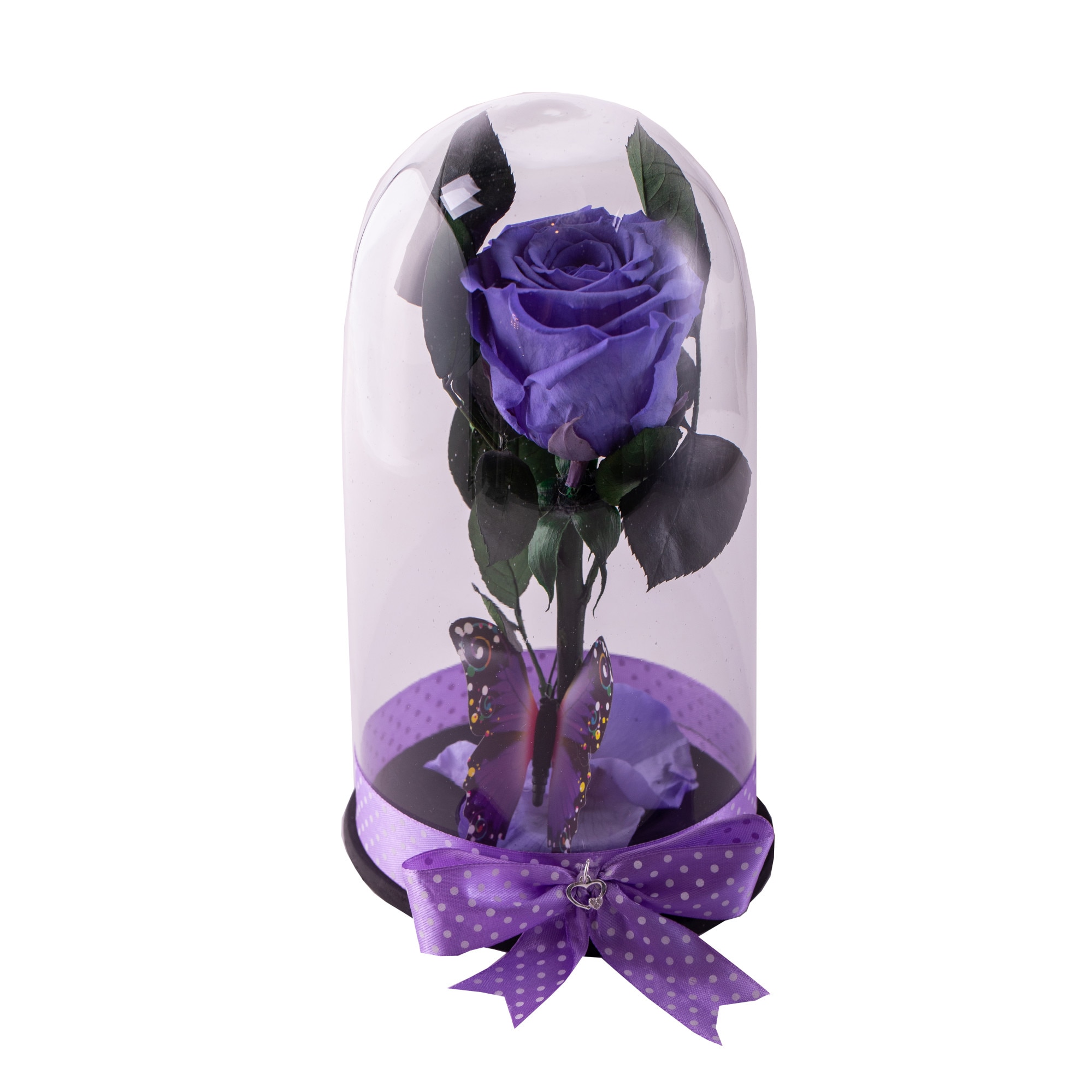 Trandafir criogenat violet, Rose Amor, cupola de sticla 25 cm, petale la baza, fluture si pandantiv de argint 925 cadou, Urban Trends ®