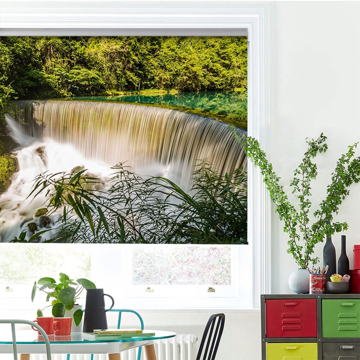 Rolete Art Shade Multicolore tip Jaluzele cu Rulou si sistem inclus Peisaje Cascada in padure vazuta printre frunze Decoratiuni, Latime 55 cm x Inaltime 190 cm