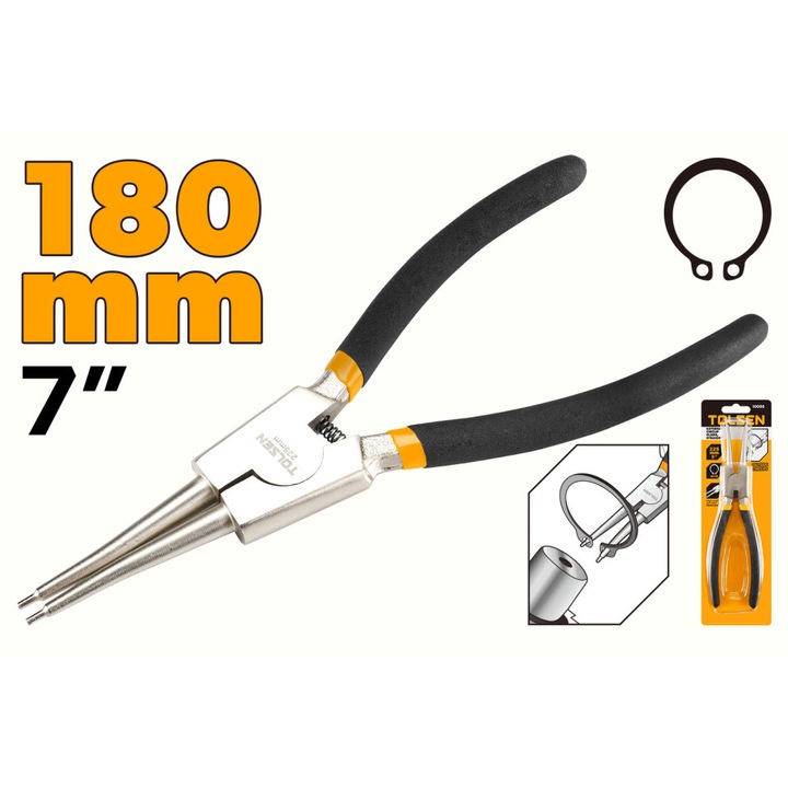 Cleste cu varf drept TOLSEN 180 mm pentru inele siguranta exterioare, otel carbon de inalta calitate, finisaj nichel, maner inclinat, ideal pentru montare si demontare precisa, otel carbon de inalta calitate placat cu nichel, pentru inele siguranta