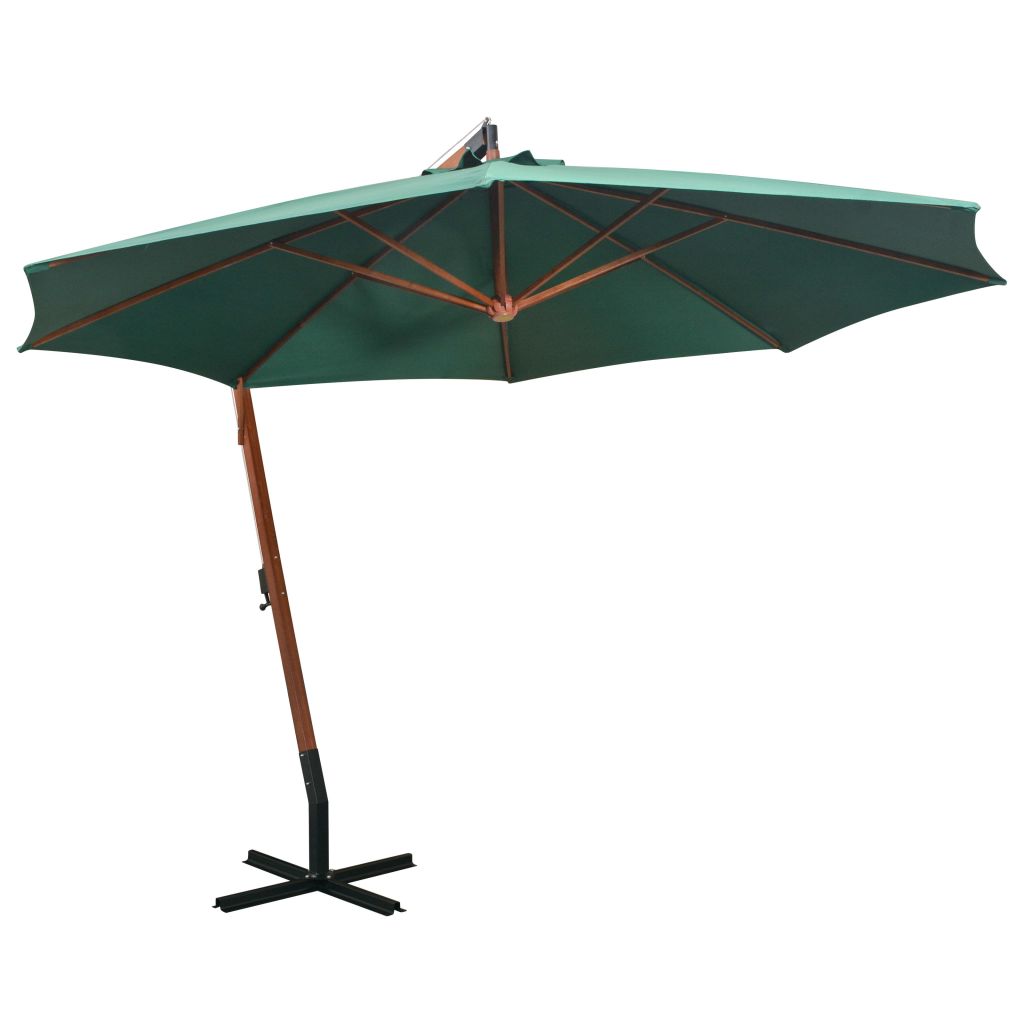Umbrela de soare suspendata, cu stalp de lemn, vidaXL, Tesatura, 350 cm, Verde