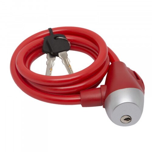 Lacat bicicleta din cablu de otel invelit, este rezistent impotriva taierii, dimensiune 120 cm, mecanism de zavorire de calitate, 2 chei, rosu