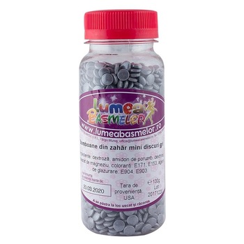 Bomboane din zahar mini discuri argintiu, 130g - Lumea Basmelor Bomboane din zahar mini discuri argintiu, 130g - Lumea Basmelor