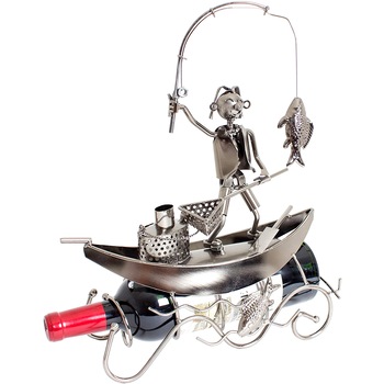 Suport pentru Sticla de Vin, model Pescar cu Barca, Metal Lucios, 39cm l29cm Suport pentru Sticla de Vin, model Pescar cu Barca, Metal Lucios, 39cm l29cm