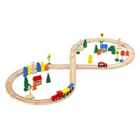 Circuit Trenulet din Lemn Natural cu 50 de Accesorii Incluse "WOOD TRAIN TRACK", cu Traseu Multifunctional pentru Masini si Trenulet
