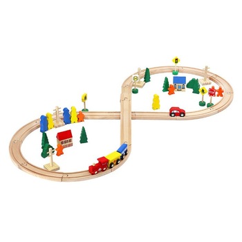 Circuit Trenulet din Lemn Natural cu 50 de Accesorii Incluse  Circuit Trenulet din Lemn Natural cu 50 de Accesorii Incluse