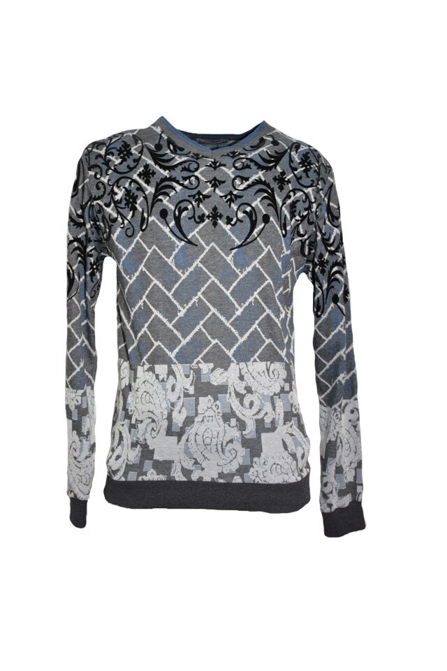 Pulover trendu cu design abstract, D&J Exclusive, Bleumarin/Gri