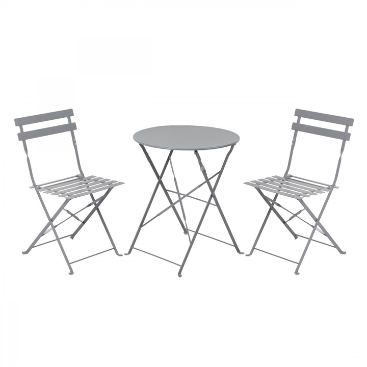 Set masa pentru Gradina IDL® CORFU cu 2 SCAUNE, Confectionat din Metal, Model elegant cu design sofisticat, Ideal pentru a obtine un colt de relaxare in propia curte, Culoare-Gri