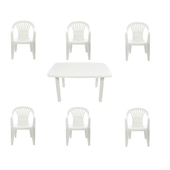 Set masa pentru 6 persoane cu 6 scaune, de culoare alba, din plastic, rezistenta uv si umiditate, ATS Set masa pentru 6 persoane cu 6 scaune, de culoare alba, din plastic, rezistenta uv si umiditate, ATS