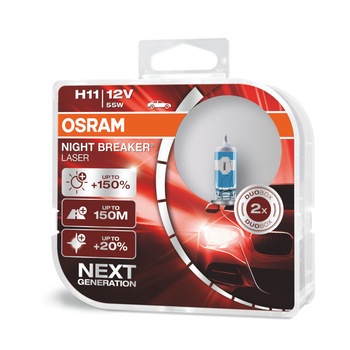 Set de 2 becuri auto Osram, H11, NIGHT BREAKER® LASER, 150%, 12V, 60/55W Set de 2 becuri auto Osram, H11, NIGHT BREAKER® LASER, 150%, 12V, 60/55W