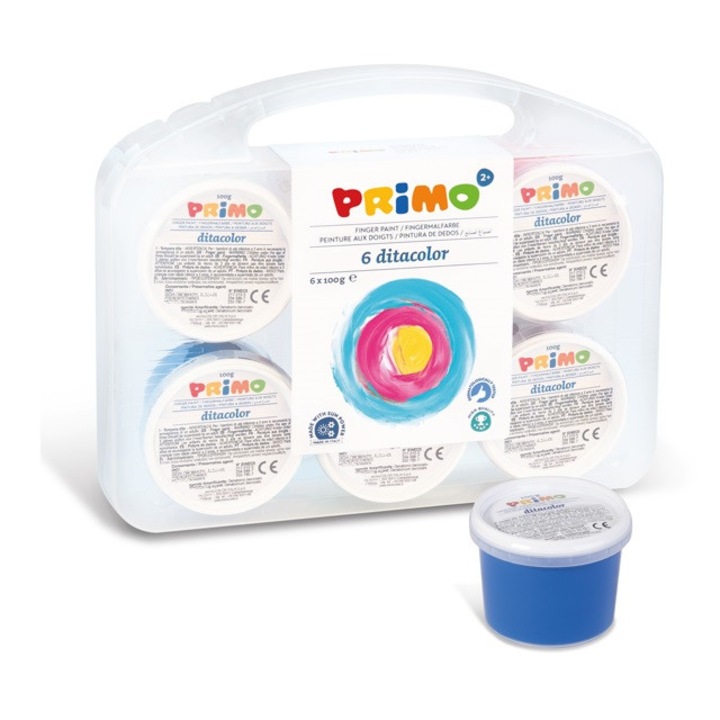 Бои за рисуване с пръсти Primo, 6 цвята х 100 г, в куфарче