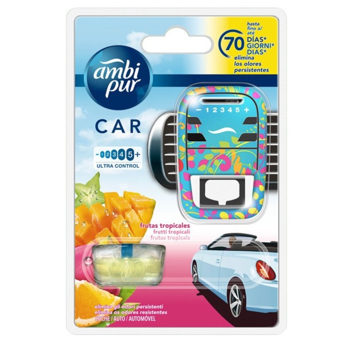 Odorizant auto, Ambi Pur Car, Ultra Control Tropical Fruits, aparat + rezerva odorizant auto 70 zile 7 ml