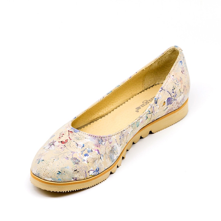 Pantofi TUNGUS, din piele naturala bej cu imprimeu floral, pe talpa burete