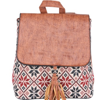 Rucsac dama, piele ecologica si textil, cu ciucure, ROCS, YF-409BN Maro Rucsac dama, piele ecologica si textil, cu ciucure, ROCS, YF-409BN Maro