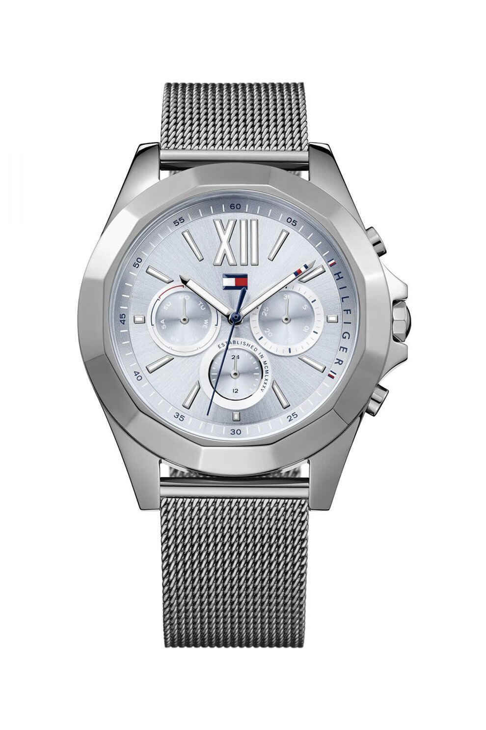 Tommy Hilfiger, Ceas cu functii multiple si bratara metalica, cu aspect de plasa, Argintiu