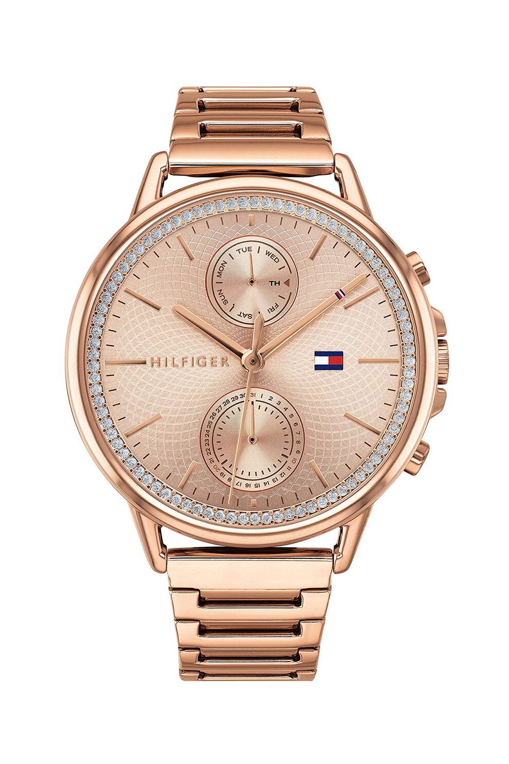 Tommy Hilfiger, Ceas analog decorat cu cristale, cu functii multiple, Auriu rose