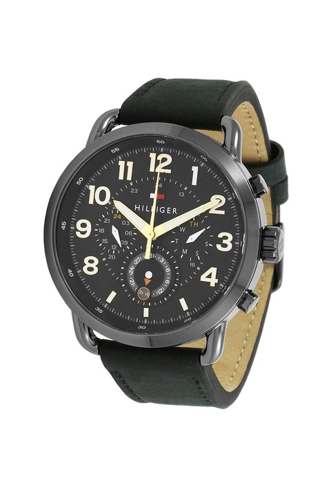 Tommy Hilfiger, Многофункционален часовник с кожена каишка, Черен