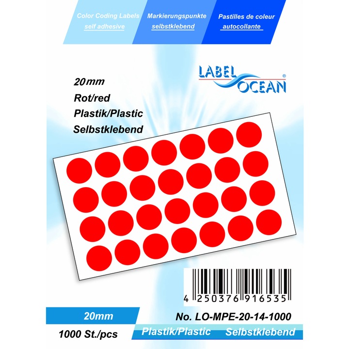 1000 db piros pöttyös öntapadó címke készlet átmérő 20 mm műanyag