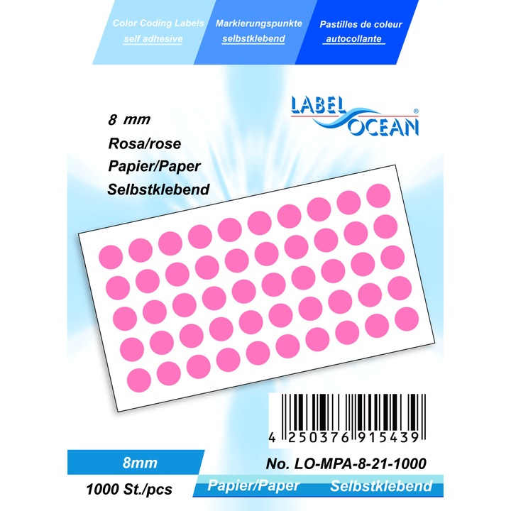 Комплект от 1000 розови самозалепващи се етикети на точки с диаметър 8 мм хартия