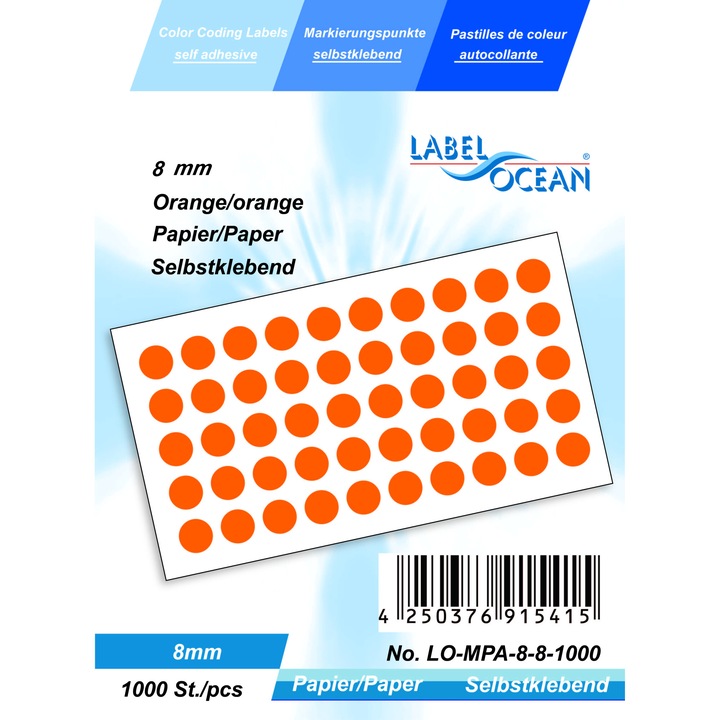 1000 db öntapadós címke készlet narancssárga pöttyös átmérő 8 mm papír