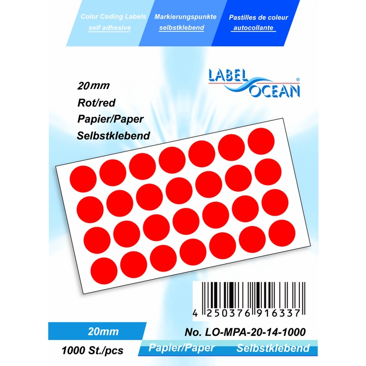 Комплект от 1000 Самозалепващи се етикети с червени точки Диаметър 20 mm Хартия