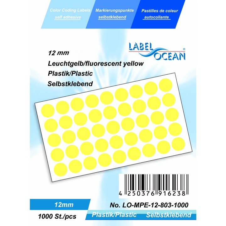 Set de 1000 Etichete Autoadezive Buline Galben Fluorescent Diametru 12 mm Plastic