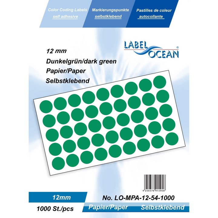 Öntapadó címkék Sötétzöld Pöttyös Átmérő 12 mm Papír 1000 Darab