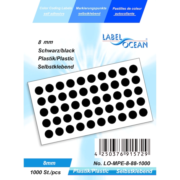 Set de 1000 Etichete Autoadezive Buline Negre Diametru 8 mm Plastic