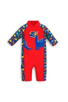 JoJo Maman Bebe, Combinezon cu protectie solara si model cu dinozauri, Rosu/Albastru, 104 CM Standard