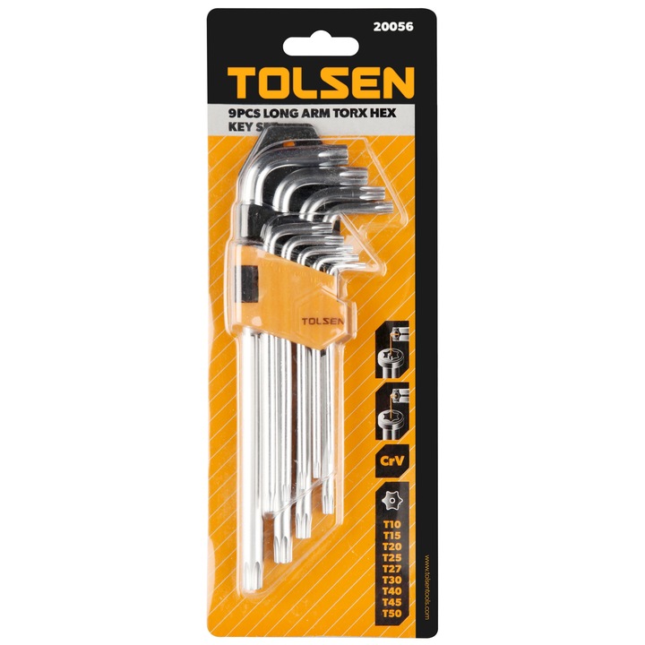Set 9 chei hexagonale Torx cu brat lung TOLSEN, marimi T10–T50, material Cr-V, tratate termic, placate cu crom, pentru uz profesional si industrial, otel Cr-V tratat termic, finisaj cromat mat de inalta calitate, brat lung pentru cuplu marit