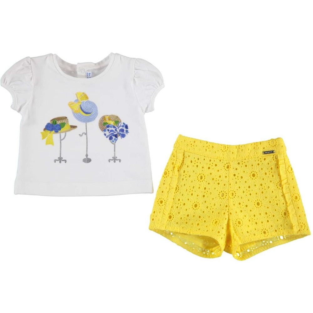 Set tricou si bermude perforate fetita, Alb/Galben, 98 CM/98 cm