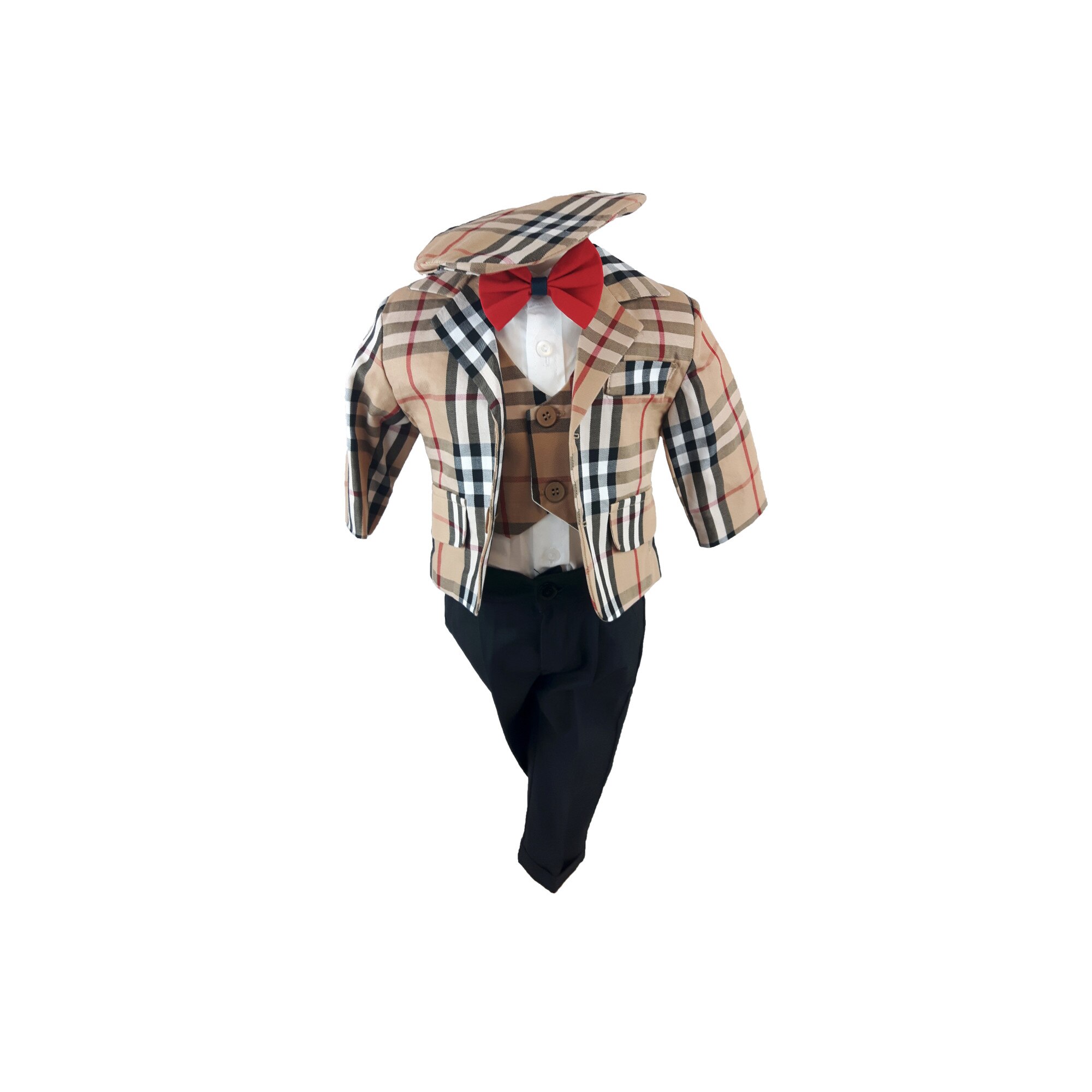 Costum botez, model Narcis, in carouri multicolore, varsta 3-6 luni