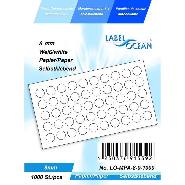 Set de 1000 Etichete Autoadezive Buline Albe Diametru 8 mm Hartie