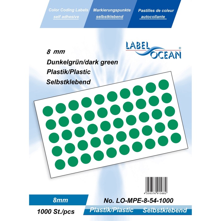 Set de 1000 Etichete Autoadezive Buline Verde Inchis Diametru 8 mm Plastic