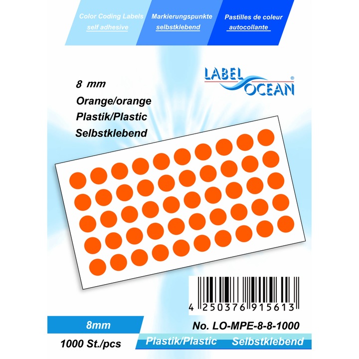 Set de 1000 Etichete Autoadezive Buline Portocalii Diametru 8 mm Plastic