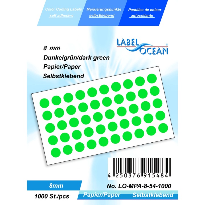 Комплект от 1000 самозалепващи се етикети на тъмнозелени точки с диаметър 8 мм хартия