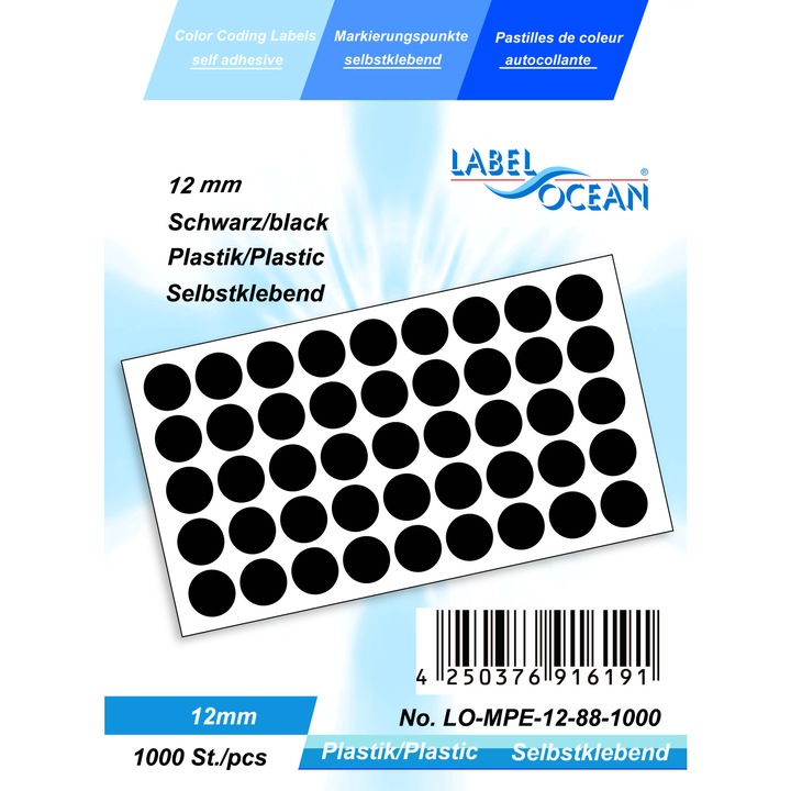 Set de 1000 Etichete Autoadezive Buline Negre Diametru 12 mm Plastic