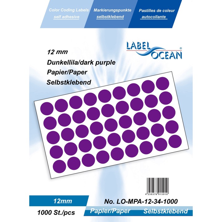 1000 db sötétlila pöttyös öntapadó címkék készlete, átmérő 12 mm papír