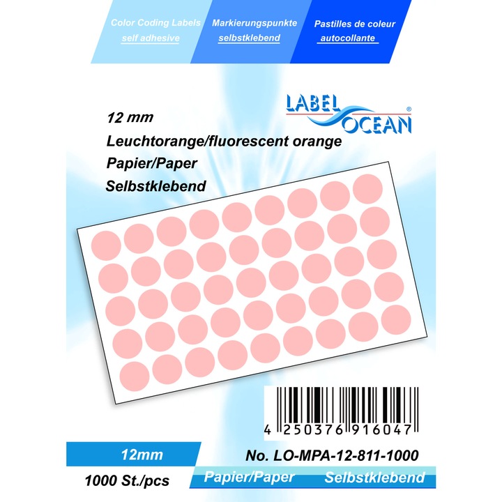 1000 db fluoreszkáló narancssárga pontból álló öntapadó címkék készlete, átmérő 12 mm papír