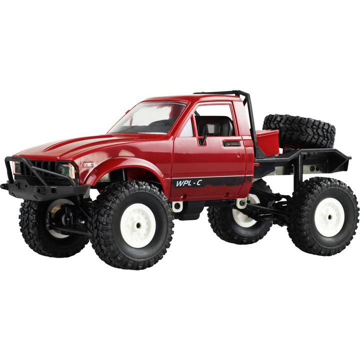 Kit de construit masina RC Pick-Up rosu, 4WD, Lumina LED, Lungime 31 cm, Scara 1:16, 14+