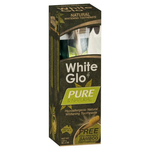 Pachet pasta de dinti vegana cu efect de albire si periuta White Glo Pure & Natural, 85 ml